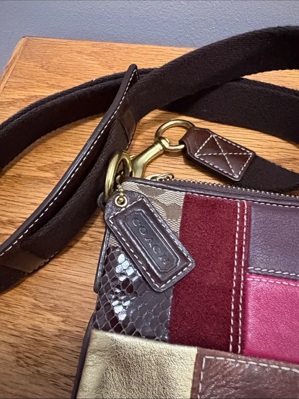 Coach Patchwork Crossbody in Brown, Pink & Gold Accents